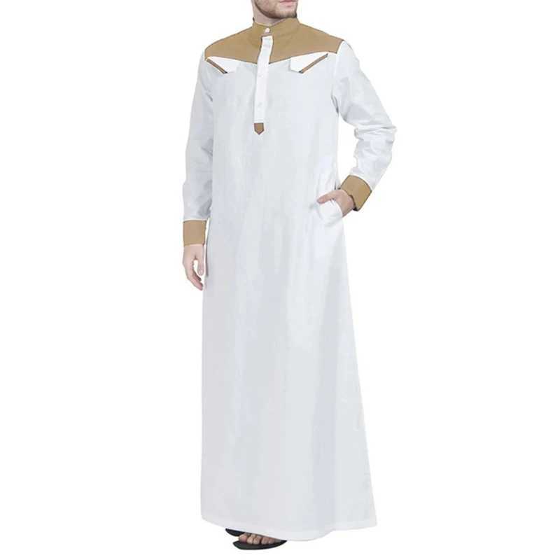 Traditional Muslim Clothing Contrast Color Muslim Dress Middle East Jubba Thobe Men Robe w/ Long Sleeves Mandarin Neck X250514