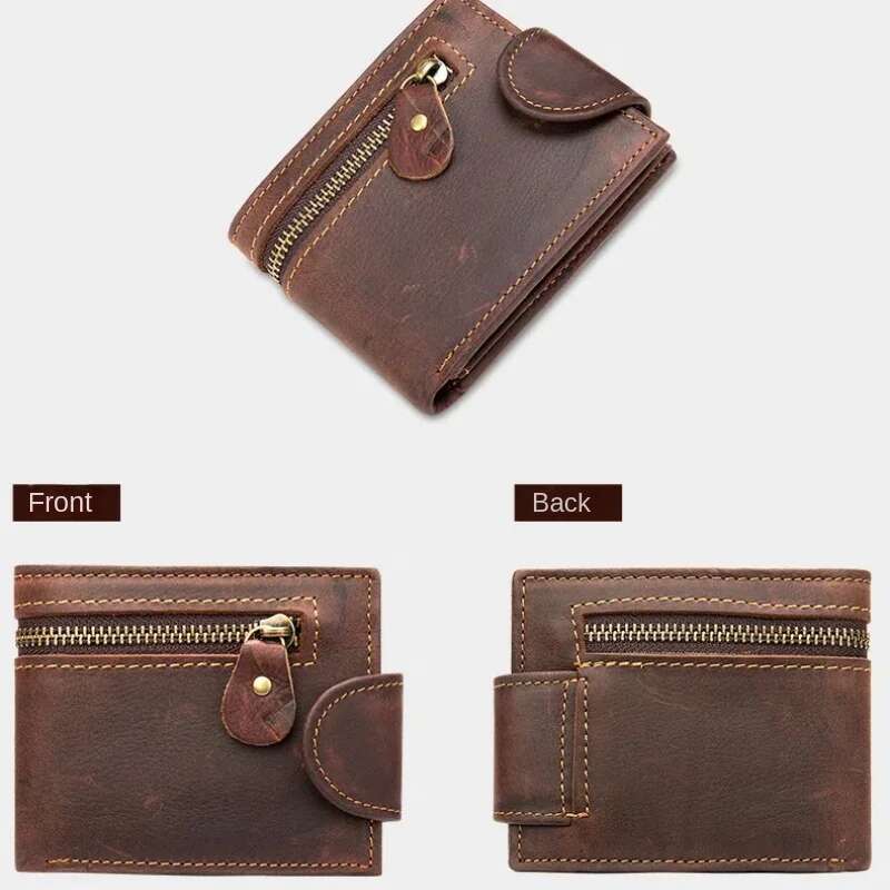Men's Crazy Horse Short Genuine Leather Buckle Vintage Top Layer Cowhide Card Holder Multi-Card Wallet