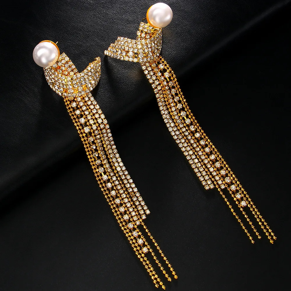 Elegant Long Tassel Rhinestone Drop Earrings Piercing Bridal Gift Square Pearl Geometric Dangle Earrings Wedding Jewelry 250513