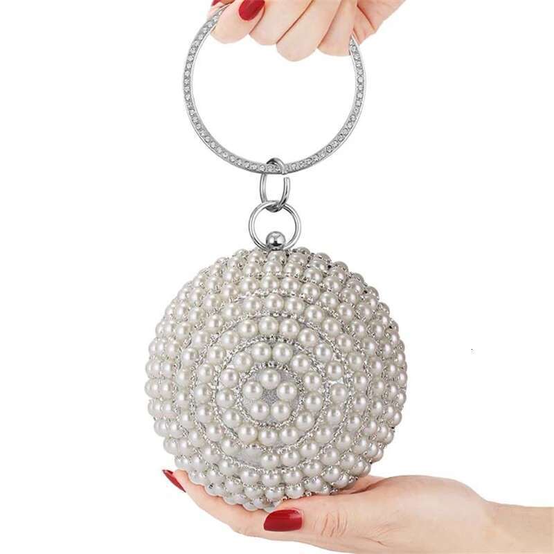 Pearl Round Evening Bag With Chain Women Girls Glitter Rhinestones Party Wedding Handbag Ladies Small Crossbody Purses