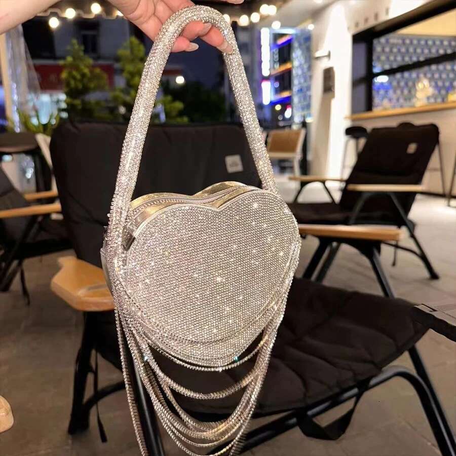 Dias Shiny Tassel Heart-Shaped Evening Small Clutch Purse One Side Rhinestones Shoulder Bags Party Wedding handbags Sac