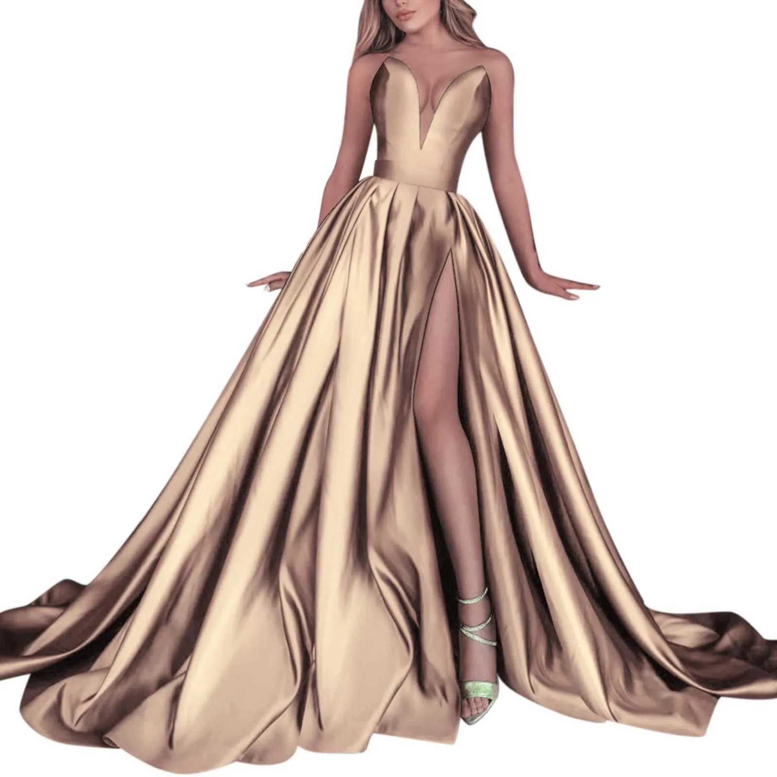 Satin Slip Strapless Prom Dresses Evening Gown Slim Elastic Waist Party Dress Elegant High Split Pleated Long Dresses VestidosXJ250514