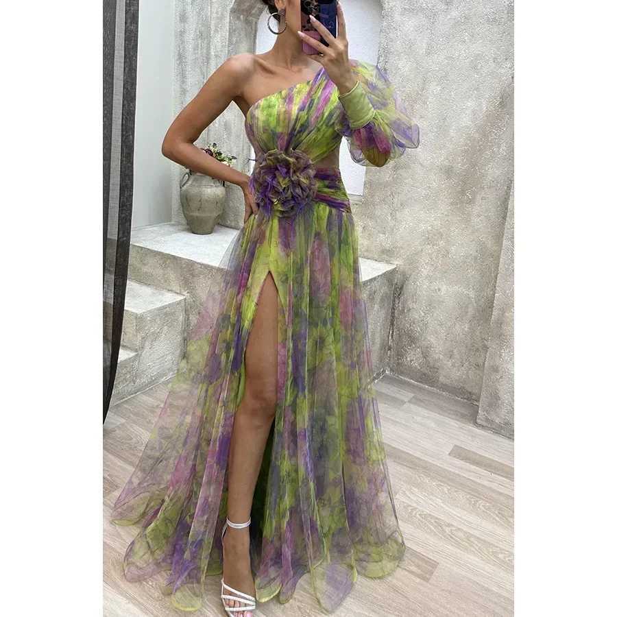 Womens New Party Mesh Sloping Shoulder Dress Casual Fashion Sexy High Waist Long Maxi Loose DressXJ250514