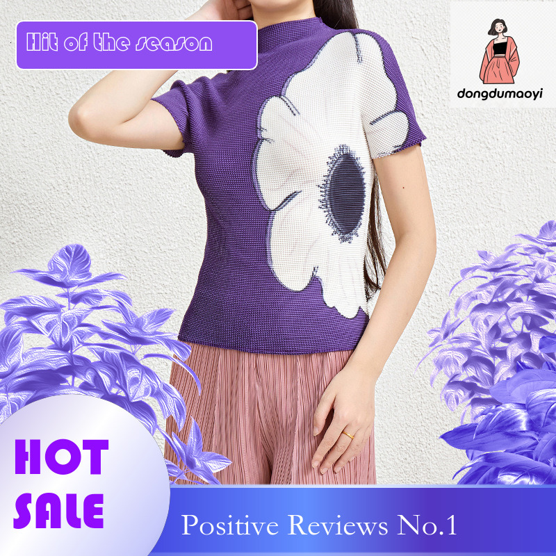 dongdumaoyi Miyake short sleeved stand up collar top women's pleated 2025 summer new item skin friendly high elasticity plus size slimming temper
