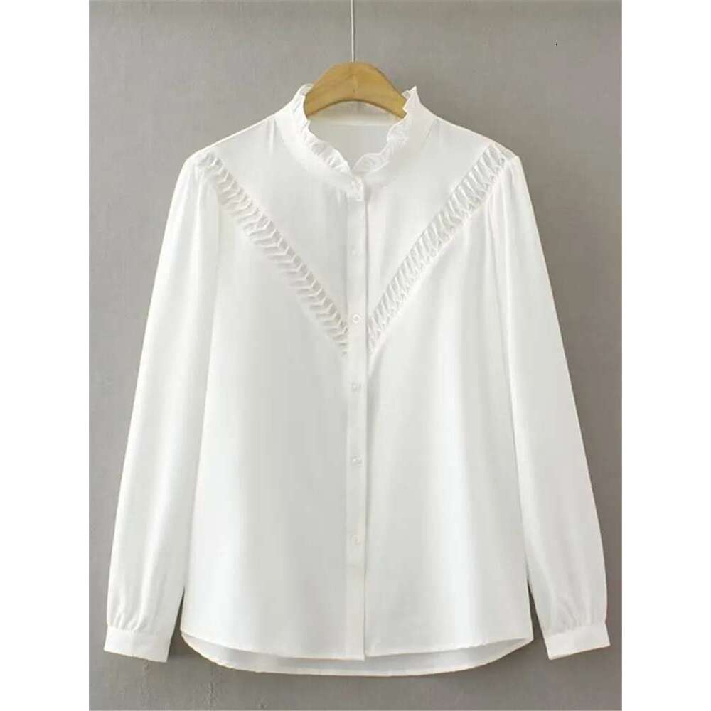 Plus Size Women's Spring Shirt Ruffled Stand Collar Solid Long Sleeve Top With Three-Dimensional Ruffle Trim On Front Chest