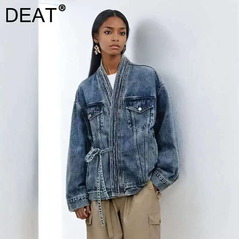 DEAT Fashion Women's Irregular Blue V-neck Casual Denim Coats Spring New Items Trendy Lace-up Loose Jackets Female 33A2709