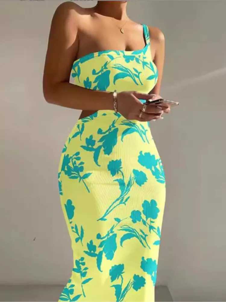Print One Shoulder Spaghetti Strap Dresses Women Sexy Hollow Out Backless Package Hip Bodycon Dress Fashion Trendy Lady DressesXJ250514