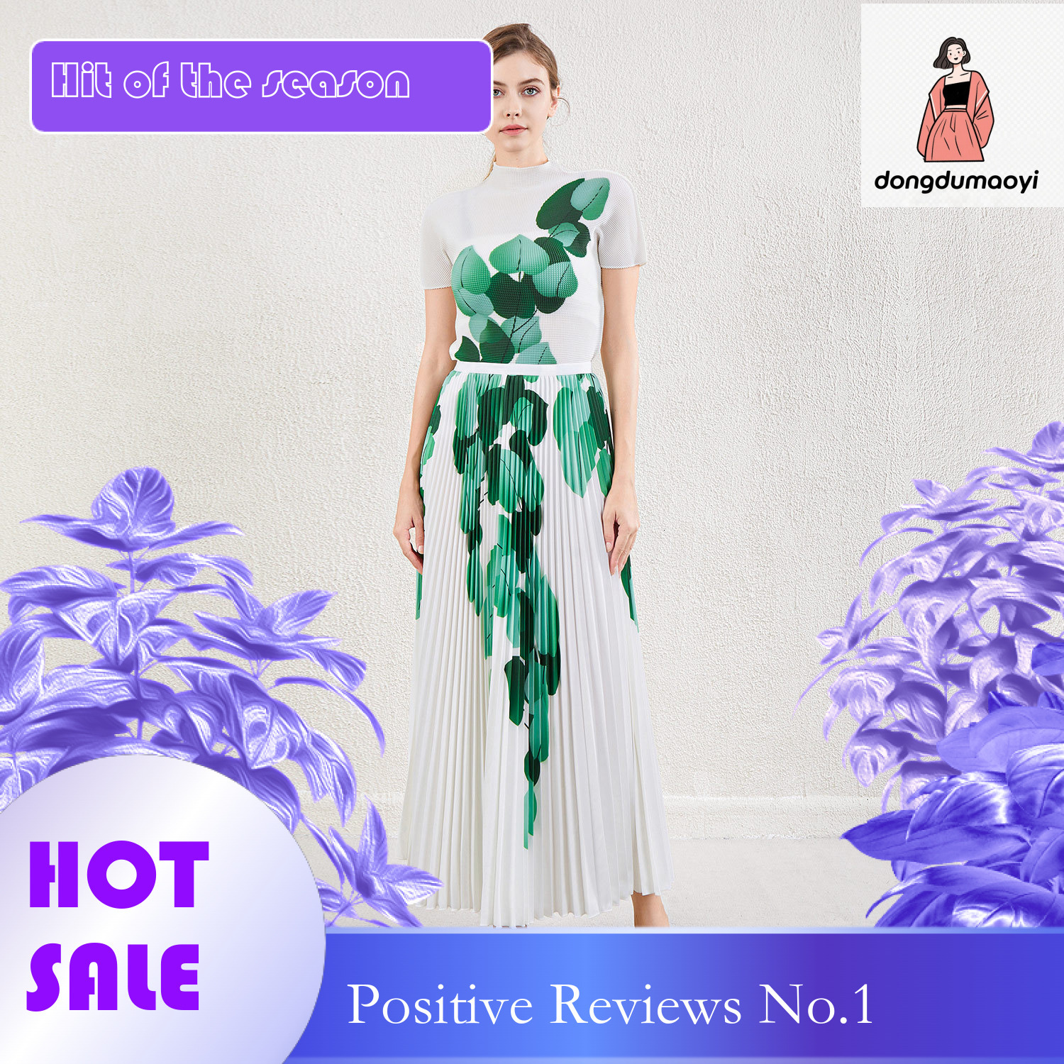 dongdumaoyi Fashionable printed pleated top, long T-shirt summer new style, three bedroom half skirt, two-piece set, women's clothing