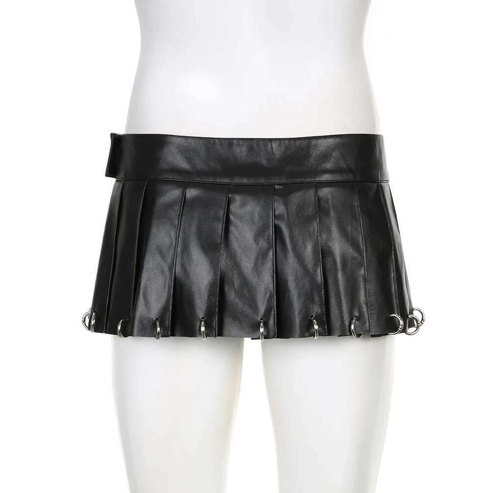 IAMSURE Gothic Solid Pu Leather A-Line Skirt Dark Casual Low-Waisted Super Mini Skirts Women 2023 Autumn Winter Streetwear Lady