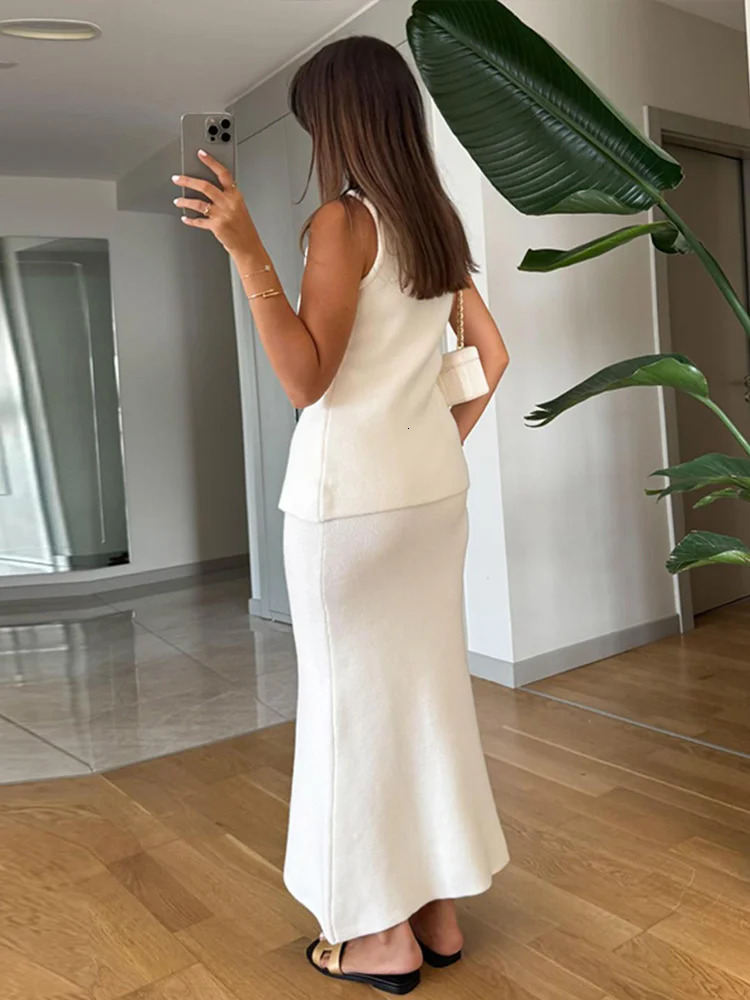 Elegant Knit Vest Suits Women Solid Single Breasted Oneck Sleeveless Slim Waistcoat Bodycon Midi Skirts Spring Lady Outfit 250514