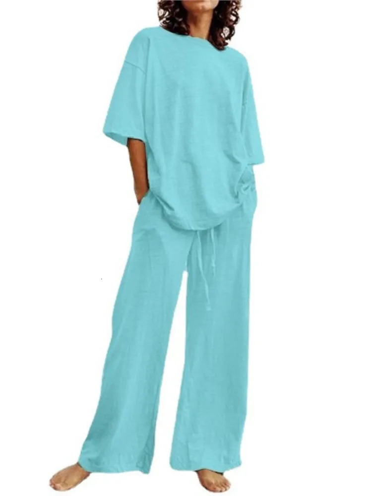 Summer Fashion Womens Two Piece Casual Belt Pocket Set Half Sleeve O-Neck Top And Strap Wide Leg Pants Set 250513