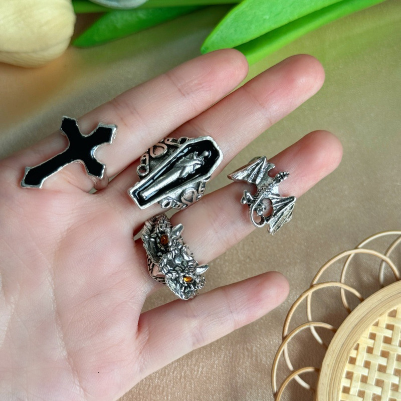 Exaggerated ring with personality trend, adjustable opening, owl cross combination 4-piece set