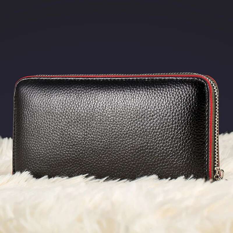 Genuine Leather Men Women Long Wallet Unisex Zipper Coin Purse Simple Design ID Credit Card Holder Phone Money Bag Solid Clutch