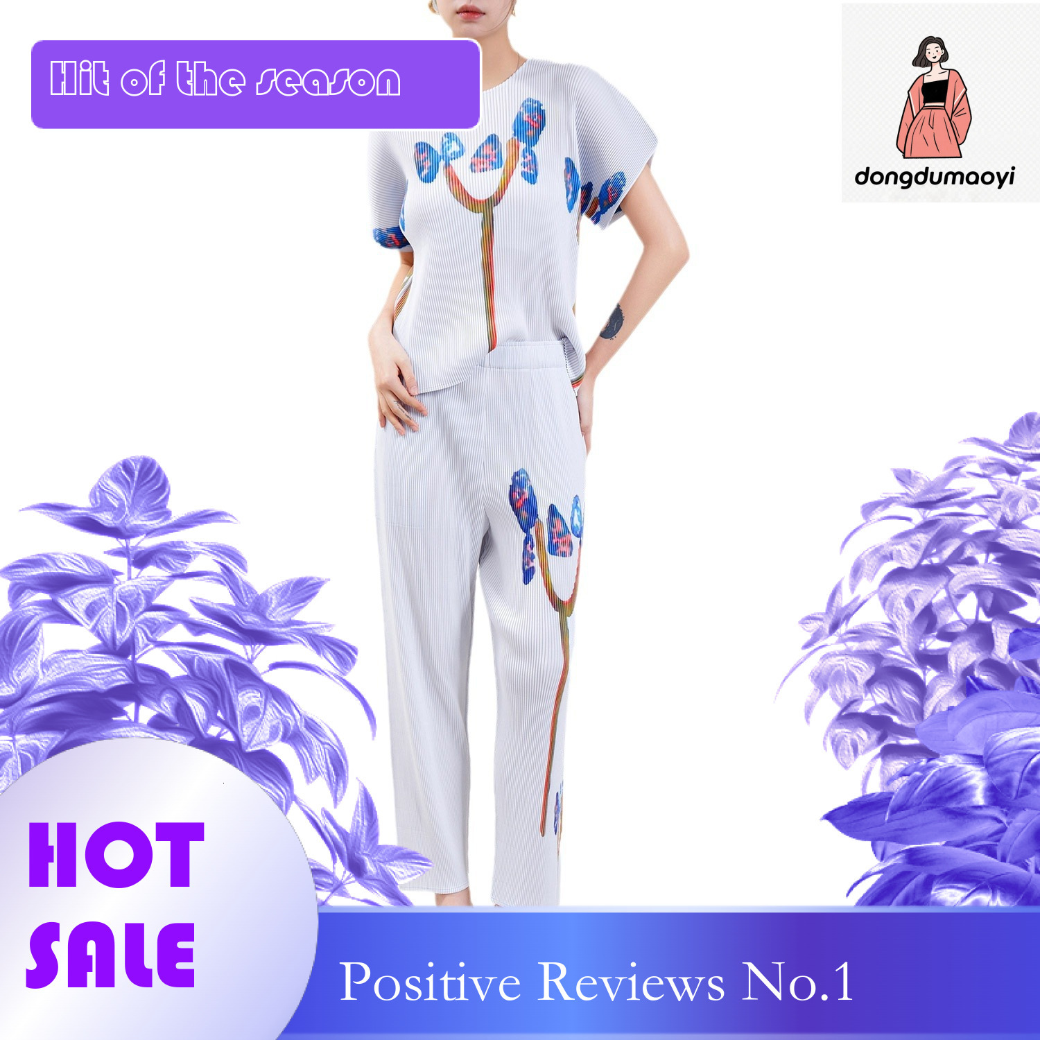 dongdumaoyi High end pleated set, summer printed short sleeved T-shirt, flowing Western style straight leg pants, stylish commuting two-piece set