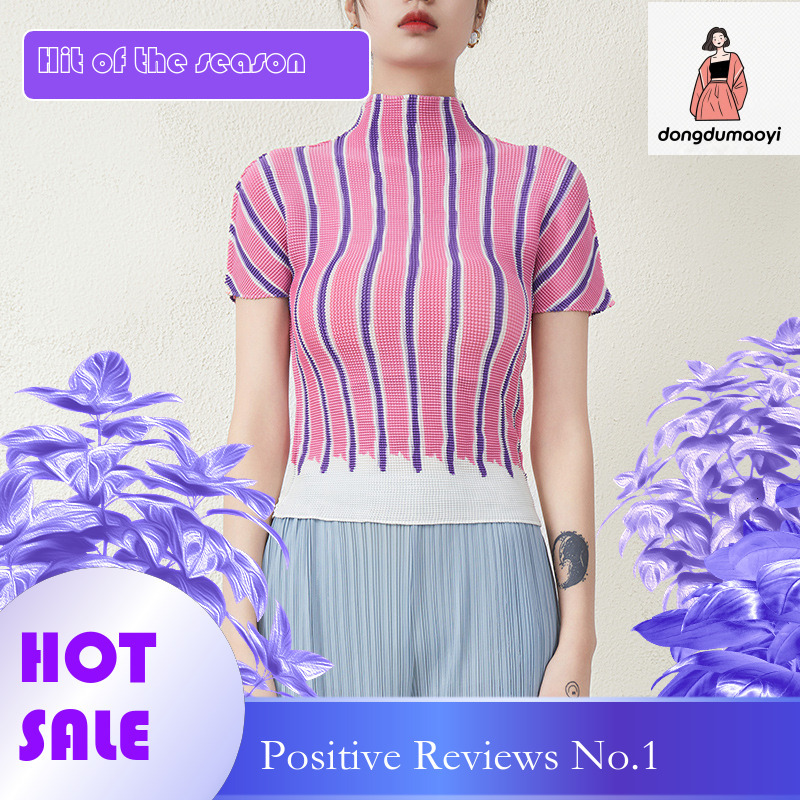 dongdumaoyi Wrinkled top women's 2024 summer new semi high neck slim fit and slimming chiffon versatile niche short sleeved T-shirt