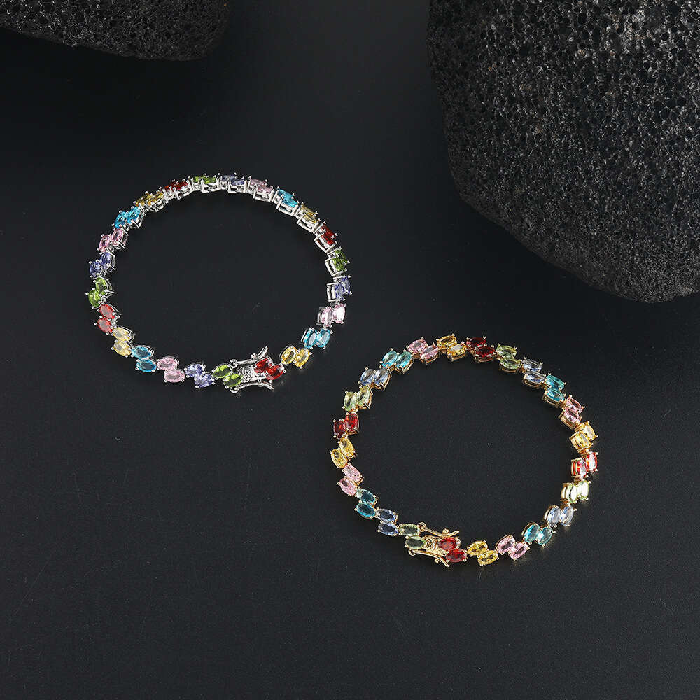 Hip Hop Jewelry Colorful Oval Bracelet Egg Double Rowed Copper Set Zircon Tennis Chain for Women's Folding Wear