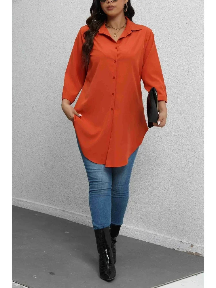 Plus Size 1XL5XL Fashion Womens Blouse Solid Color with RollUp Sleeves TurnDown Collar ButtonUp Casual Chic Top Shirt 250514