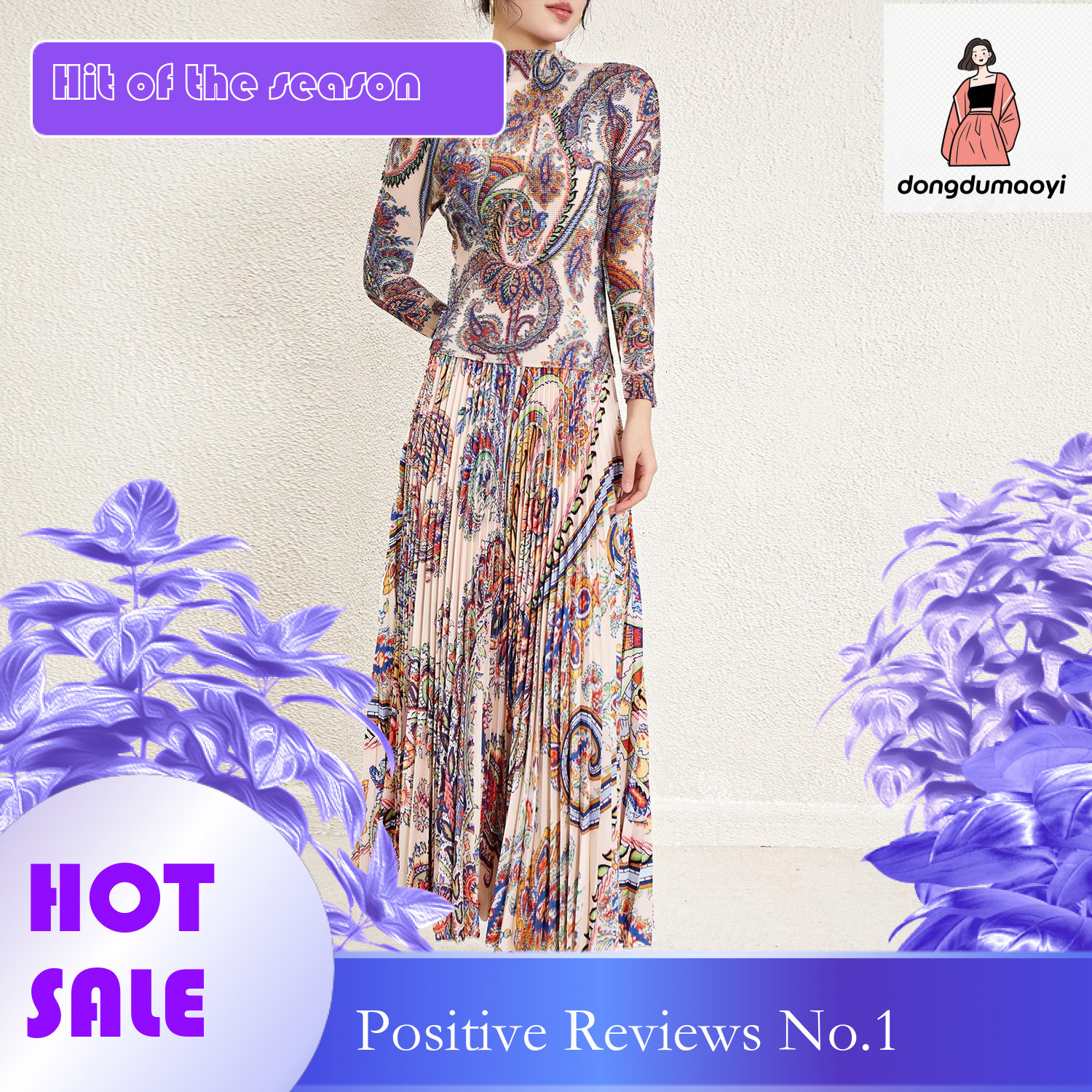 dongdumaoyi Muslim Miyake Fashion High end Women's Printed T-shirt Top Skirt Two piece Set