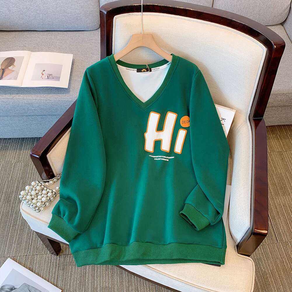 Plus-size women's Fall/Winter Casual commute loose and comfortable hoodie cartoon print purple green V-neck long sleeve top big