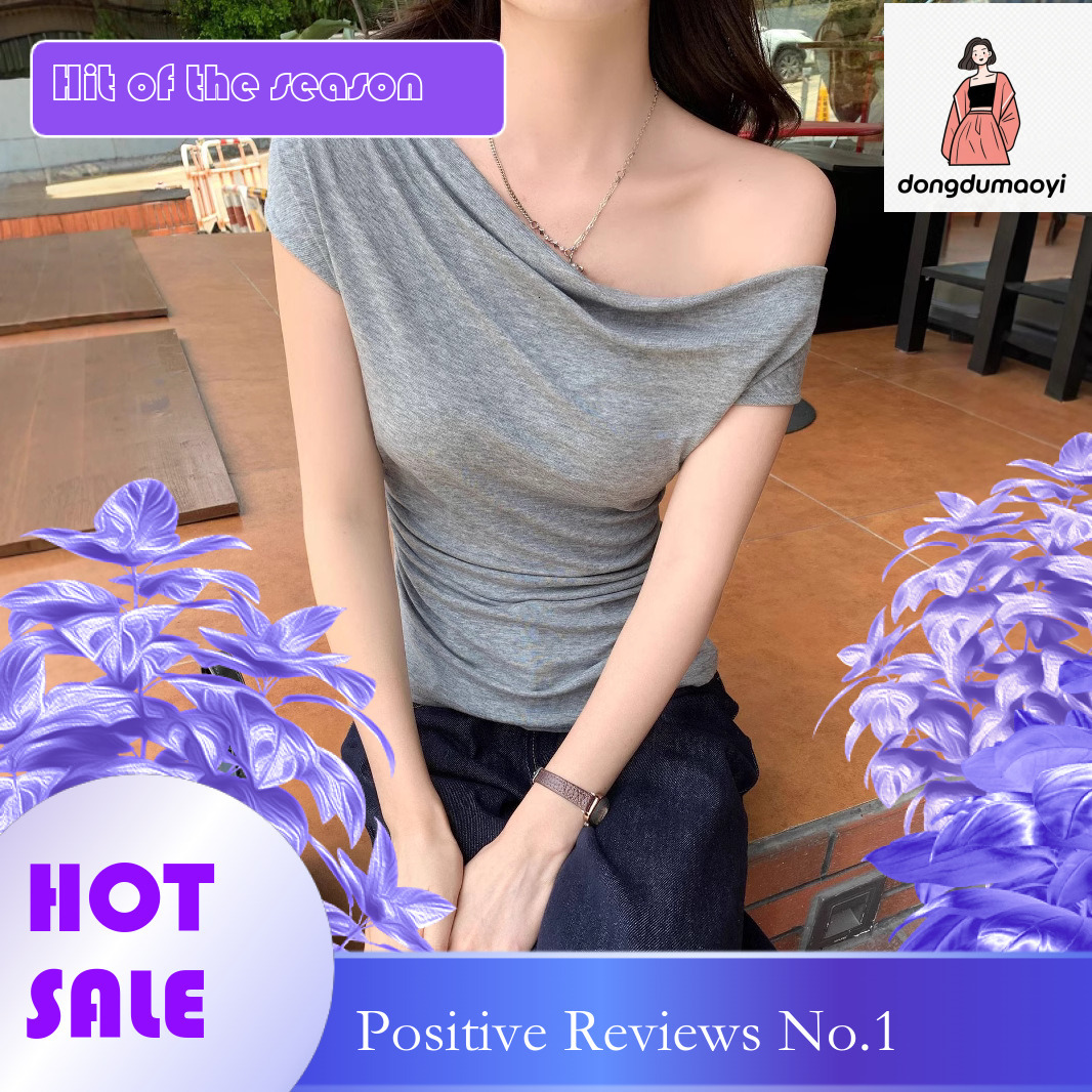 dongdumaoyi Slanted sleeved T-shirt for women's summer new design, unique and stylish, solid color, spicy girl, sexy off shoulder short top