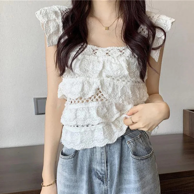 Tiered Ruffled Crochet Top Frilled Flutter Sleeve Semi Sheer Openknit Crop Tops Blouse Summer Women Teengirl Fairycore Outfit 250514