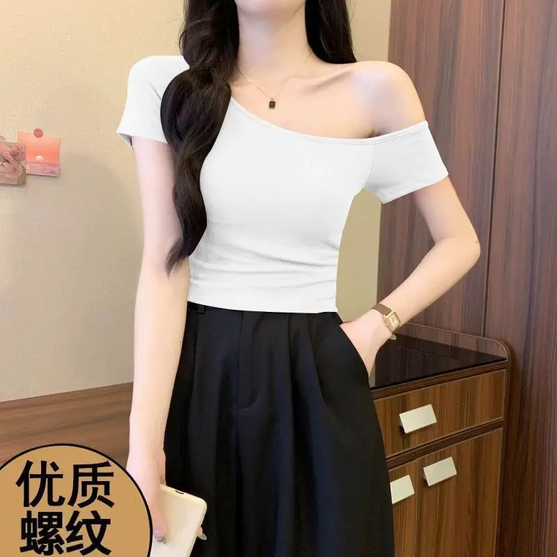 Spring Summer Retro Offshoulder Thread Shortsleeved Tshirt for Womens Thin Casual Tightfitting Clothes 250514