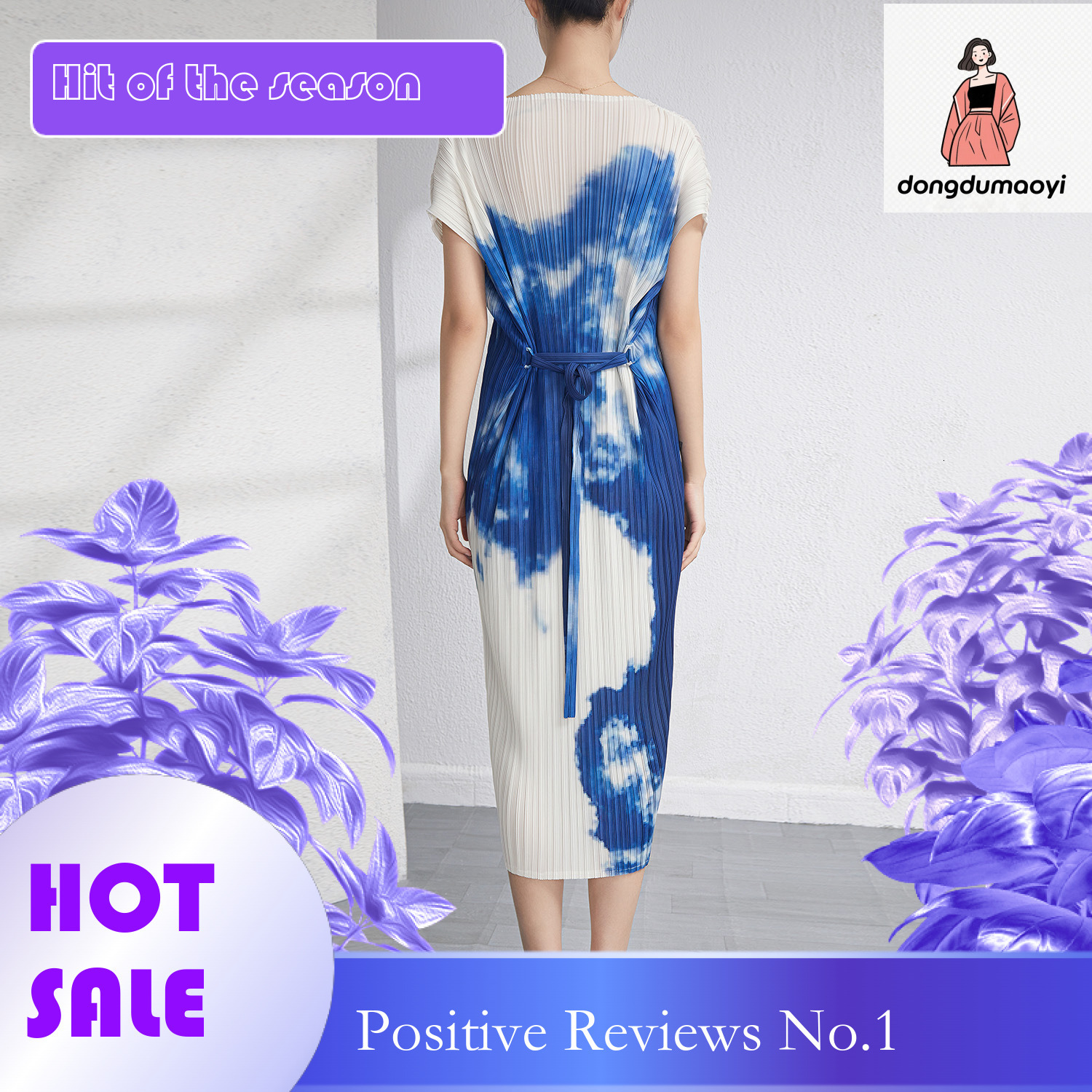 dongdumaoyi Miyake blend dress women s summer round neck short sleeved loose lace up mid to fashion versatile pleated long skirt