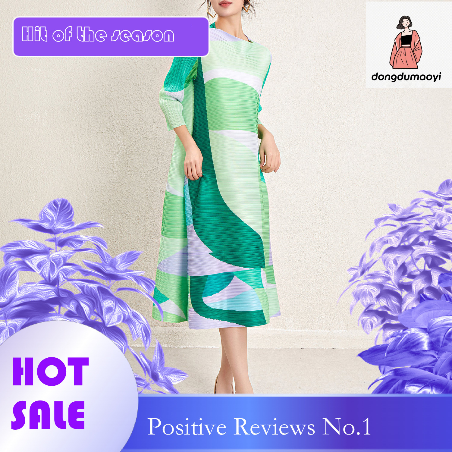 dongdumaoyi Women s Miyake style new pleated dress with high end print waist cinching and tie up slimming mid length skirt