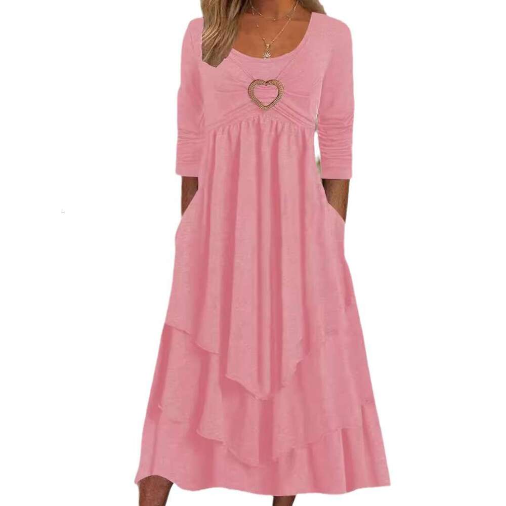 Women Clothes Dress Spring And Autumn New Solid Color Waistband Love Decoration By Layer Cake Hem Casual Dress KQ