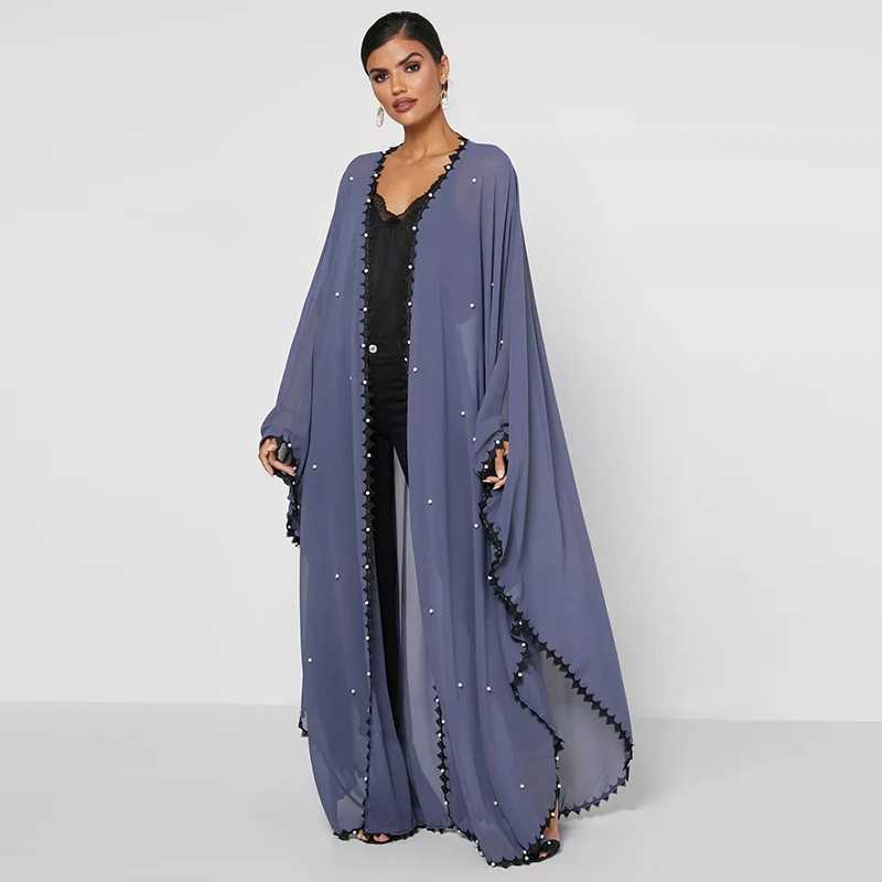 2025 New Muslim Abaya For Women Kaftan Mesh Pearls Chiffon Fabric Islamic Clothing Worship Service Dubai Middle East Fashion X250514