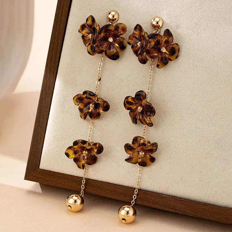 European and American Trendy Acrylic Leopard Print Flower Earrings for Women Exaggerated Sexy Long Tassel Earrings 250514