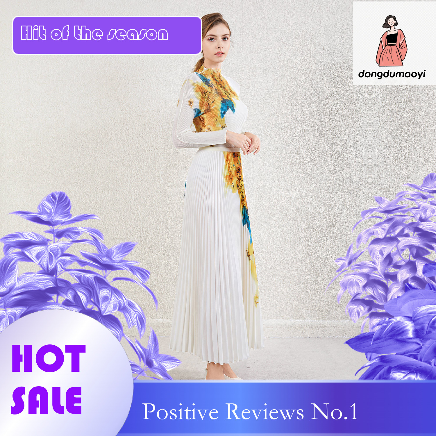 dongdumaoyi Miyake set two-piece top fashionable slim fit temperament pleated T-shirt printed skirt