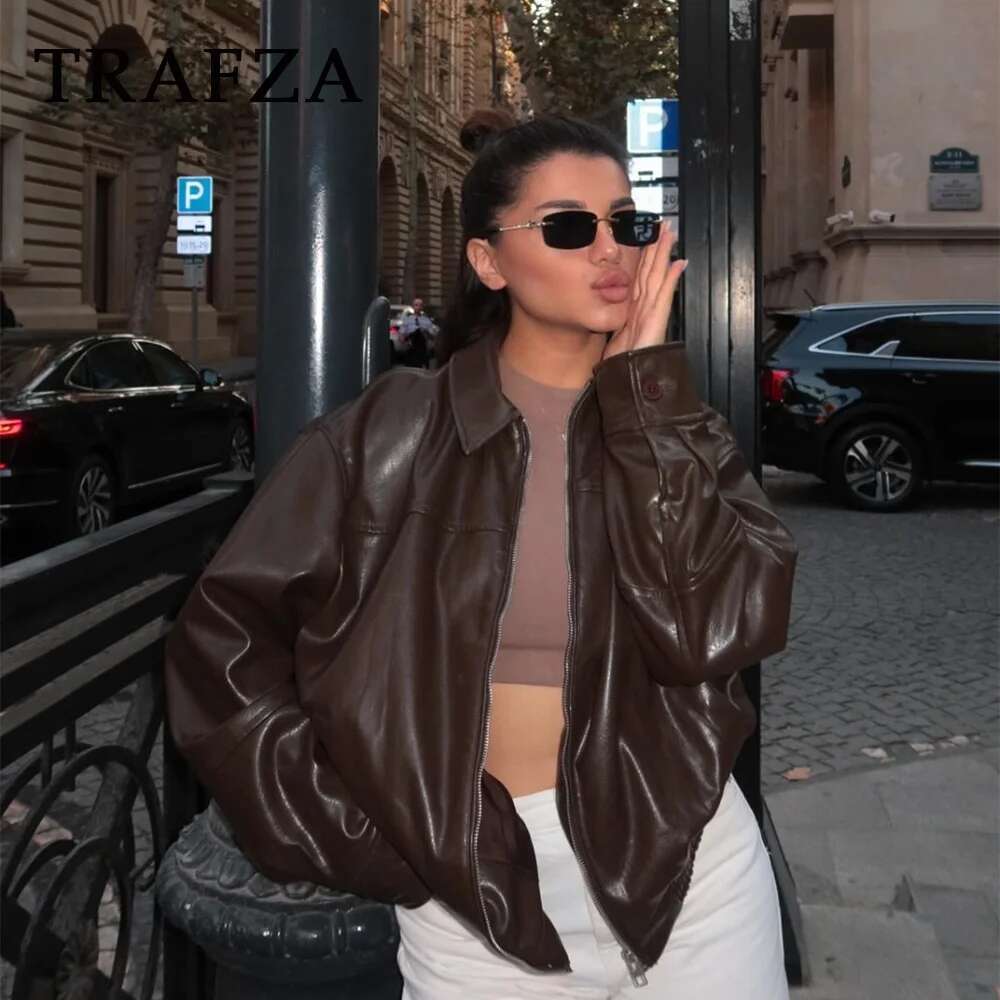 TRAFZA 2024 Autumn Winter Streetwear Faux Leather Women Jackets Fashion Vintage Spliced Zipper Turn Down Collar Chic Lady Jacket Designer