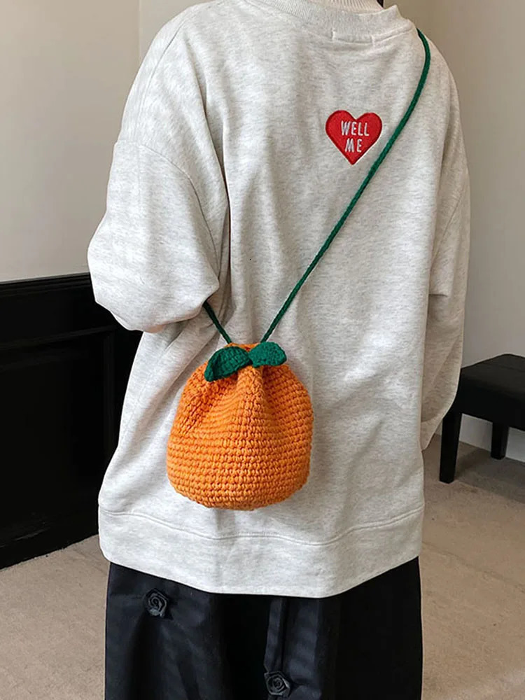 Female Knitted Purse Drawstring Crossbody Bag Orange Shape Cute Fruit Pouch Daily for Girls Women 250514