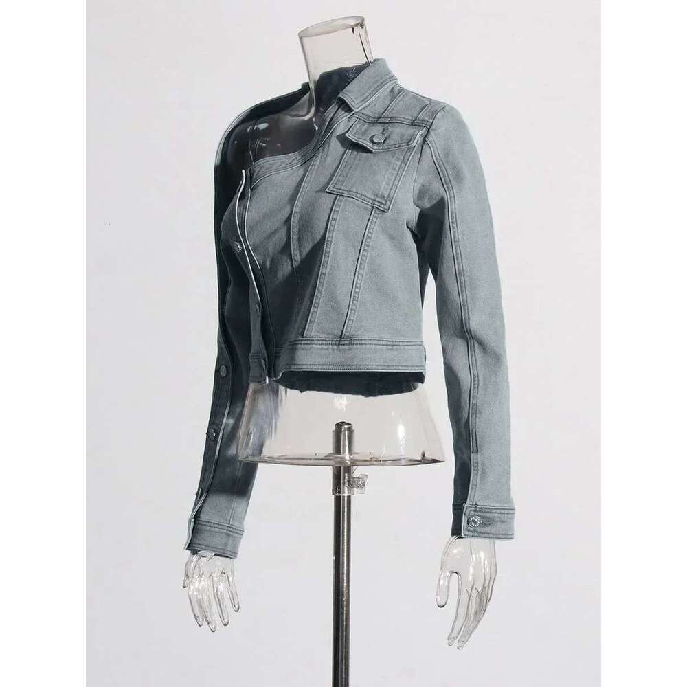 Plus Size Blue Formal Casual Short Streetwear Stand-Up Collar One Shoulder Long Sleeve Button Denim Jacket Fall Winter