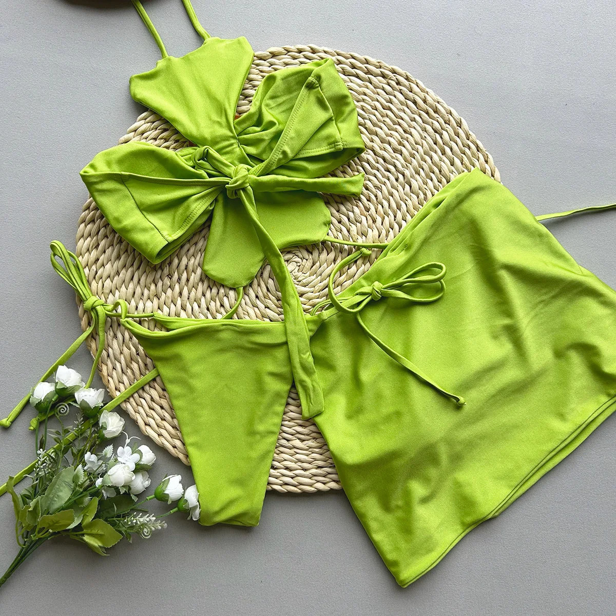 Summer Beach 3 Pieces Skirt Suit Women 3D Flower Halter Crop Top Mini Set Vacation Sleeveless Chic Slit Outfits 250514