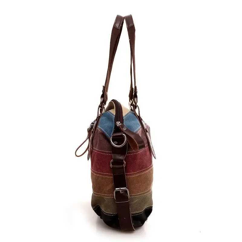 Striped Print Canvas Bag Double Handle Zipper Shoder Bost Bag With Buckle Decor Z250514