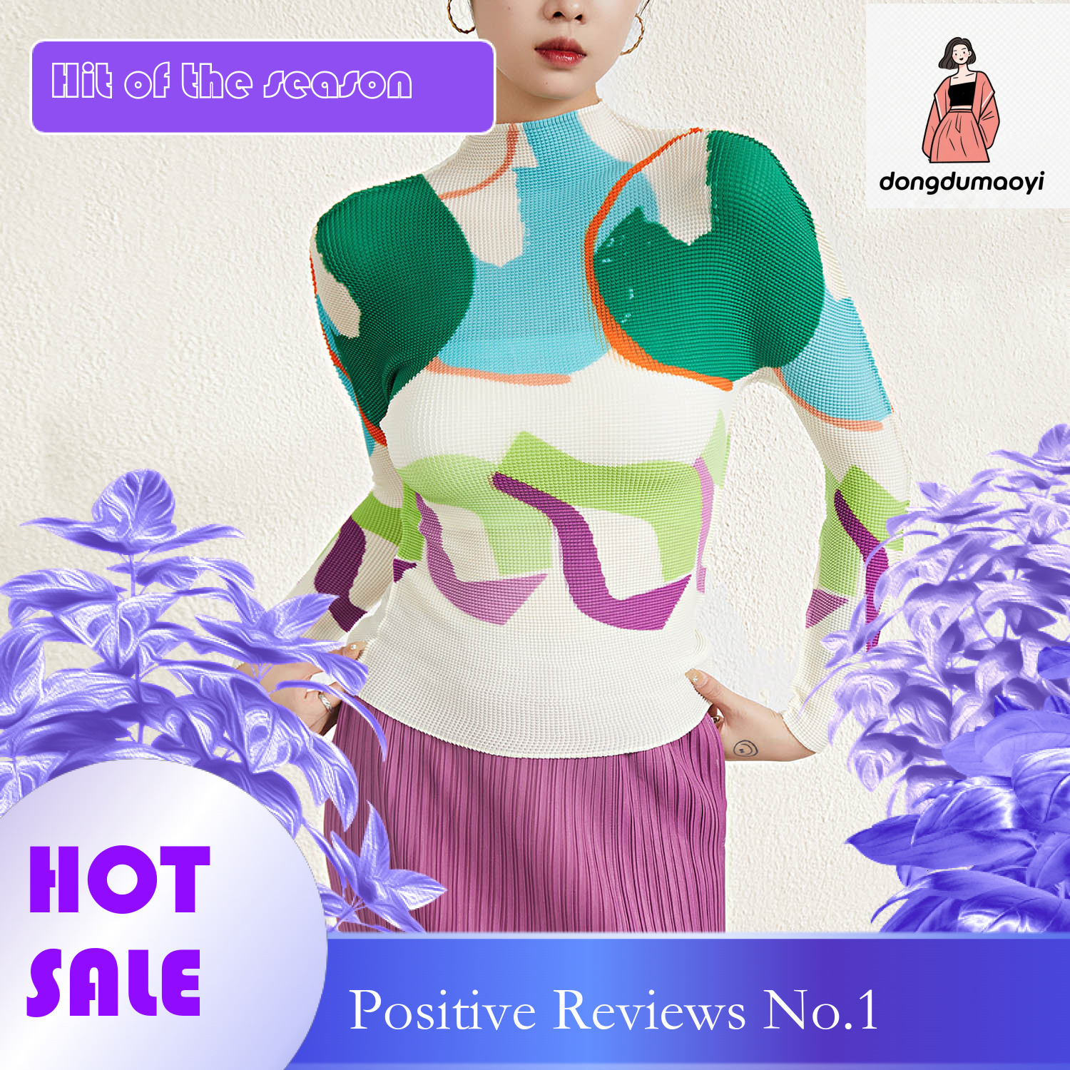 dongdumaoyi Miyake niche chic design long sleeved half neck pleated printed top spring style women's age reducing western-style base small shirt