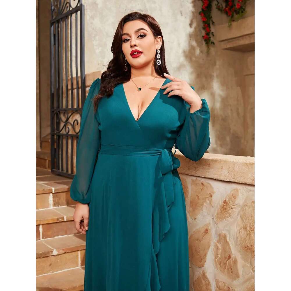 Mgiacy plus size V-neck irregular cross long sleeve ruffled chiffon full skirt Evening gown Ball Party dress