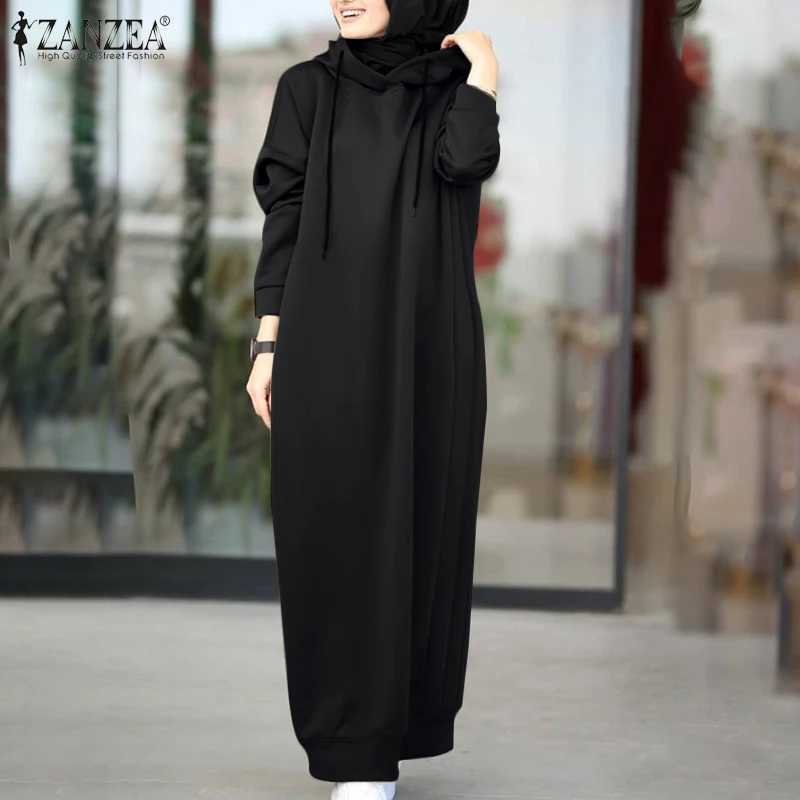 Women Winter Pullovers ZANZEA 2025 Stylish Hooded Hoodies Dress Casual Long Slve Maxi Vestidos Female Drawstring Robe Femme X250514