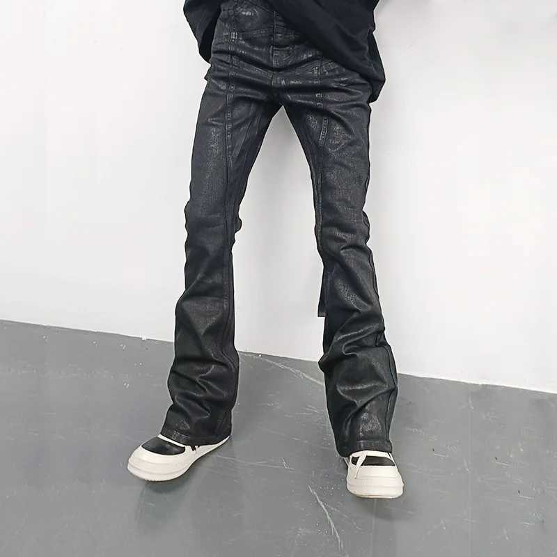 Owen Seak Mens Oil wax Jeans Classic Denim Gothic Men Coated Casual Flared Trousers High Strt Solid Designer luxury Pants X250514