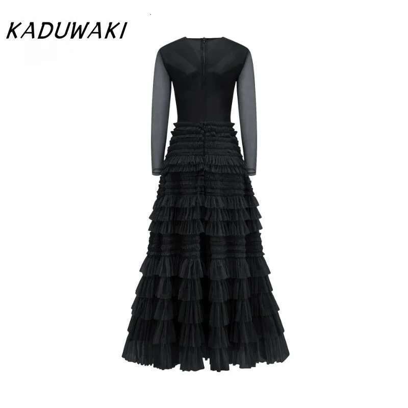 KADUWAKI Fall And Winter Fashion V-Neck Long-Sleeved Crossover Robe Temperament Elegant Slim Pleated Resort A-Line Bodycon Dress