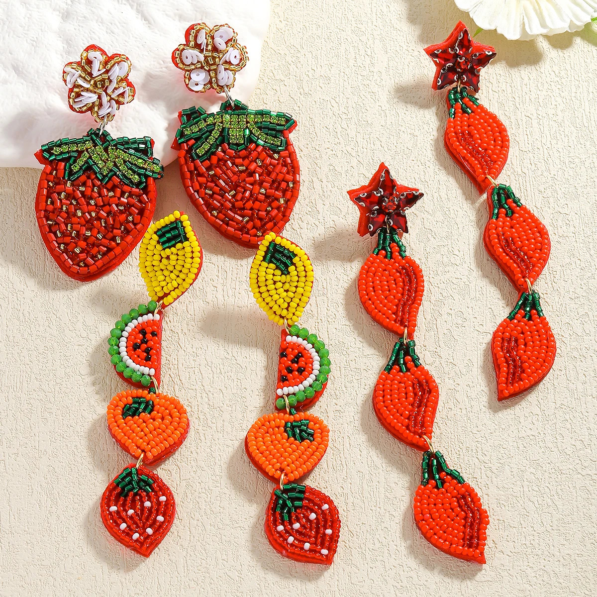Bohemia Vintage Handmade Cute strawberry Lemon Orange Dangle Earrings For Women Red Color Rice Beads Summer Daily Jewelry Gift 250514