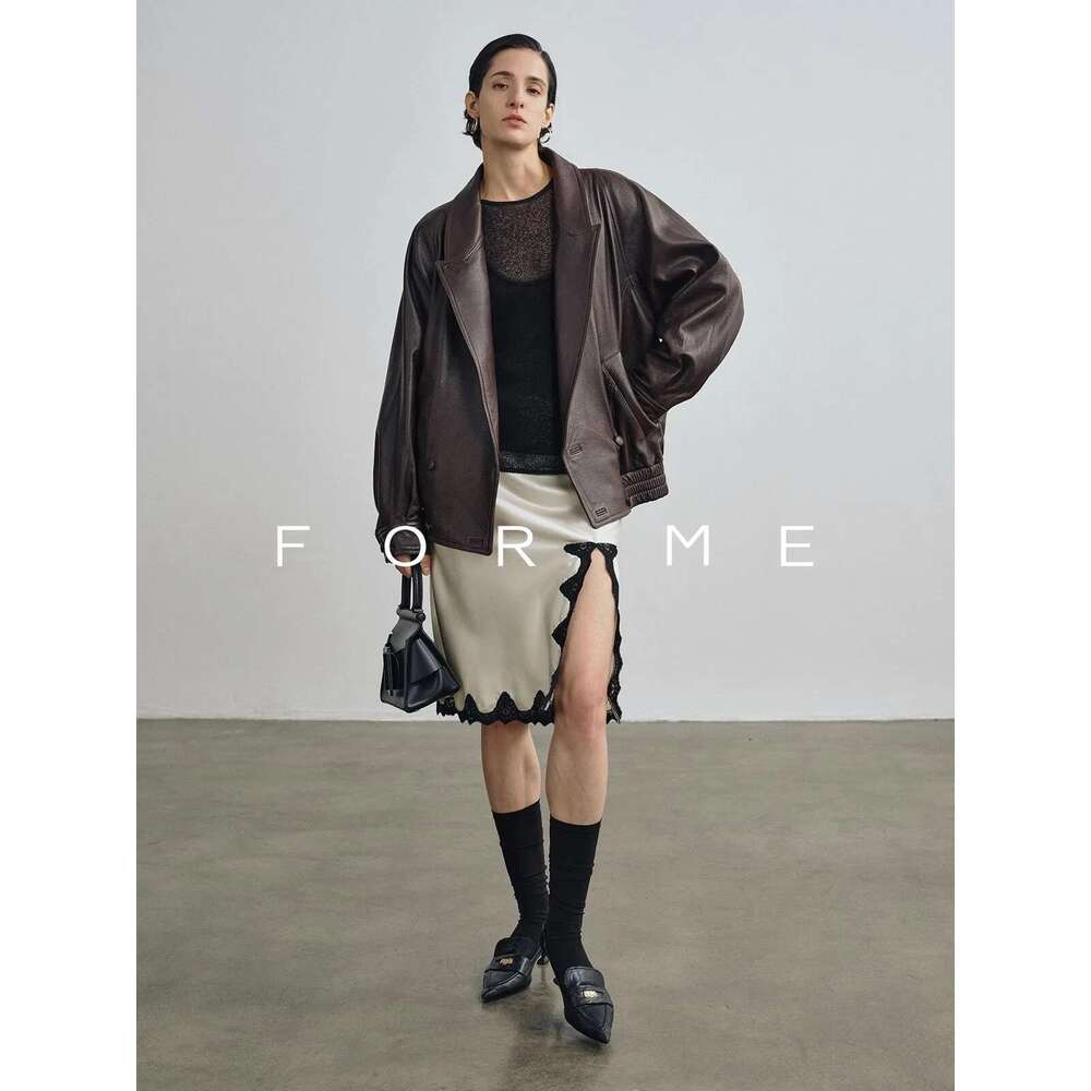 Lautaro Spring Autumn Cool Brown Pu Leather Jacket Women Long Sleeve Double Breasted Designer American Retro Clothing