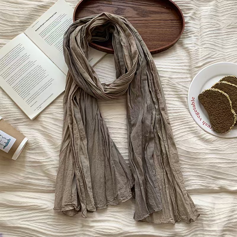 T706 headscarf pure cotton color matching scarf spring and summer new retro versatile ladies silk scarf pleated scarf knitted shawl