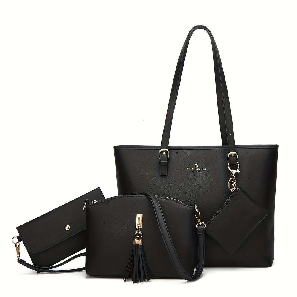 Europe and the United States new large capacity solid color four-piece cross-grain Tote bag retro single shoulder crossbody
