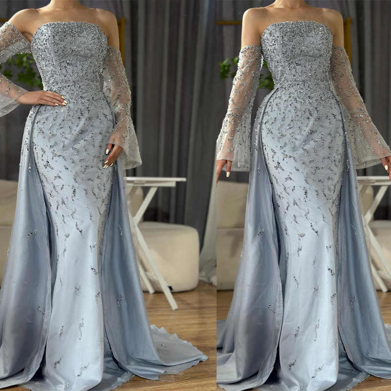 Light blue Luxury Crystals Sequins Mermaid Prom Dresses With Detachable Train Strapless Sleeveless Backless Evening Party Gown Cocktail Dress Vestido 