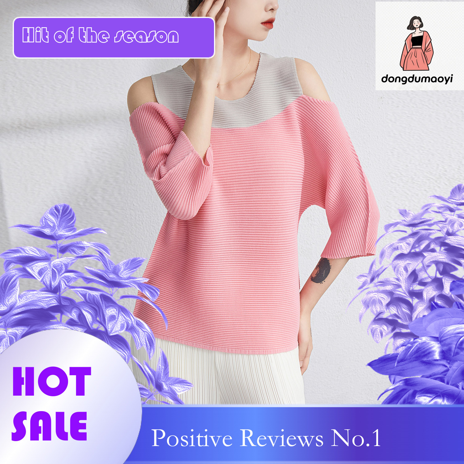 dongdumaoyi Miyake's new round neck patchwork color off shoulder knit shirt short sleeved Korean versatile pleated slimming pullover top for wome