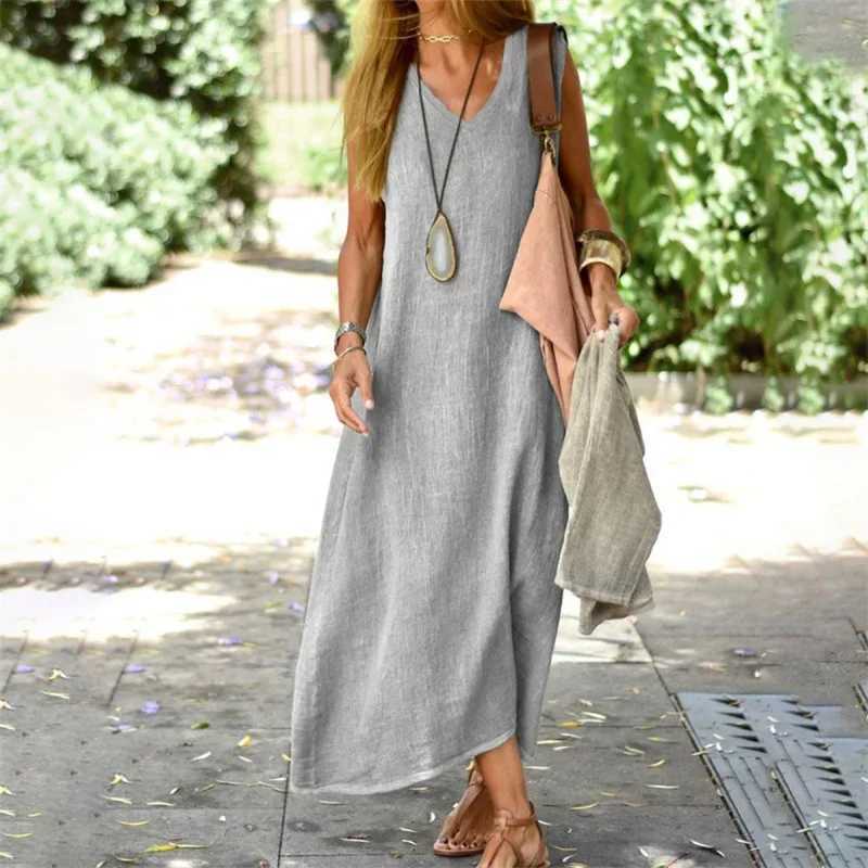 Women New Cotton Linen Solid Color Dresses Summer Sleeveless V Neck Pullover Dress Female Commuter Casual Comfortable Long GownXJ250514