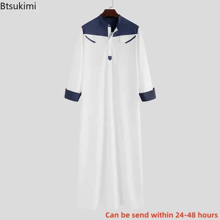 2025 Muslim Thobe Comfortable Men Caftan Long Sleeve Contrast Color Muslim Clothing Mandarin Neck Muslim Robe for Middle East X250514